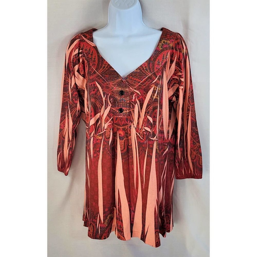 Oneworld Womens 1X V Neck Faux Button 3/4 Sleeve Multi Color Pullover Tunic Top